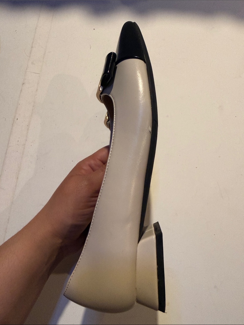 C.Paravano Two-Tone Black and Cream Square-Toe Flats with Bow Accent - Picture 3 of 5